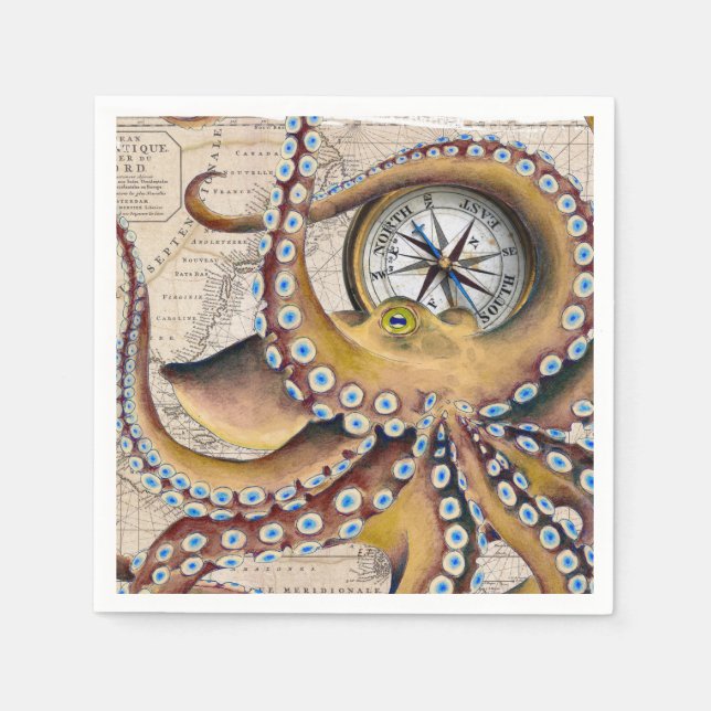 Brown Octopus Vintage Map Compass Napkins (Front)