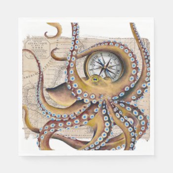 Brown Octopus Vintage Map Compass Napkins by EveyArtStore at Zazzle
