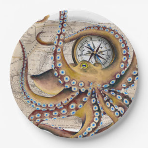 Brown Octopus Vintage Map Compass Paper Plates