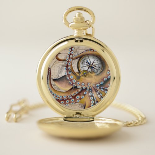 Brown Octopus Vintage Map Compass Pocket Watch