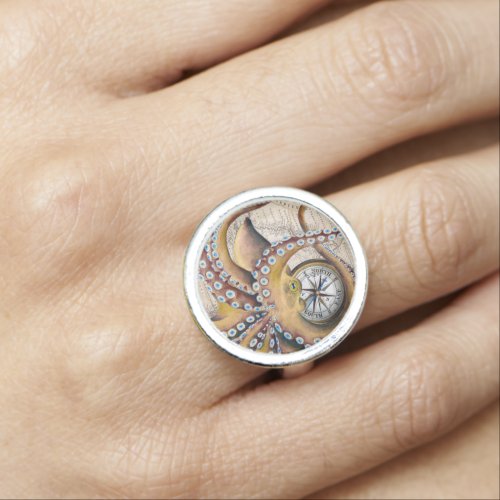 Brown Octopus Vintage Map Compass Ring
