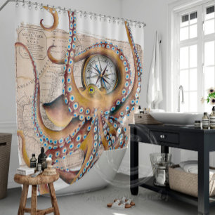 Brown Octopus Vintage Map Compass Shower Curtain