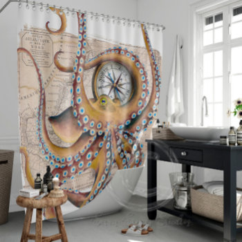 Brown Octopus Vintage Map Compass Shower Curtain by EveyArtStore at Zazzle