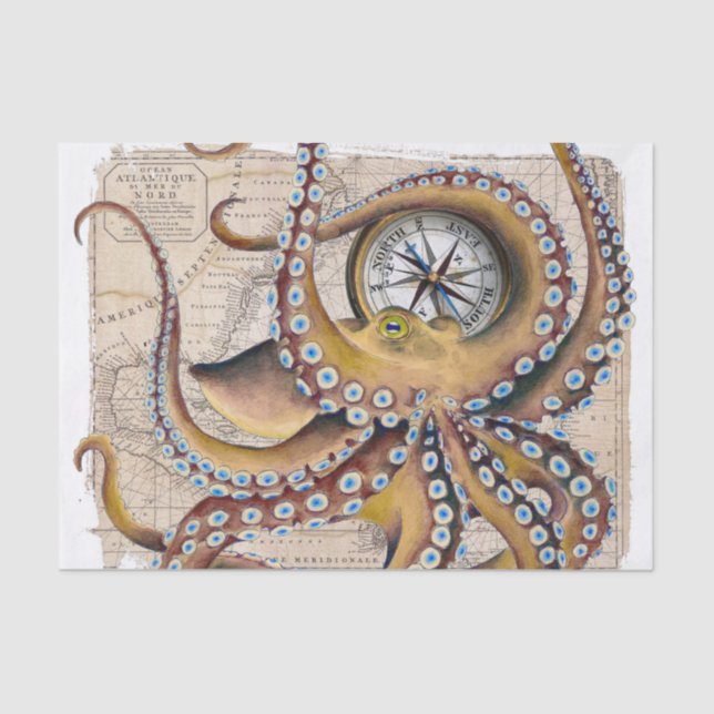 Brown Octopus Vintage Map Compass Tissue Paper (Front)