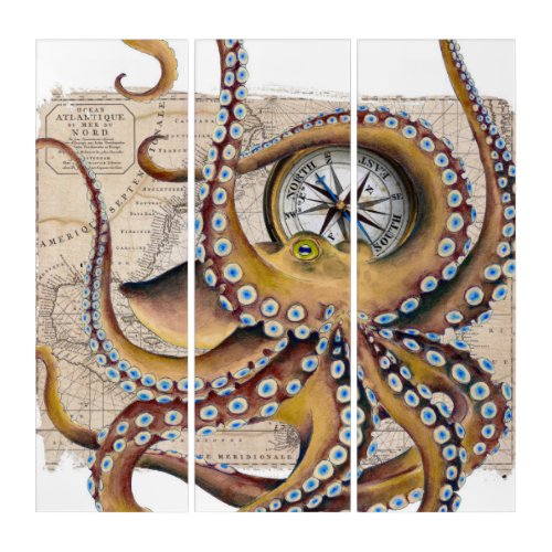 Brown Octopus Vintage Map Compass Triptych