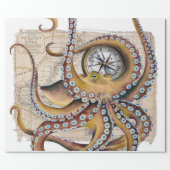 Brown Octopus Vintage Map Compass Wrapping Paper (Flat)