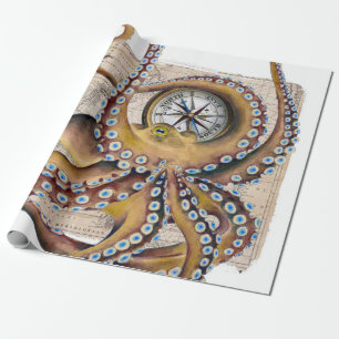 Brown Octopus Vintage Map Compass Wrapping Paper