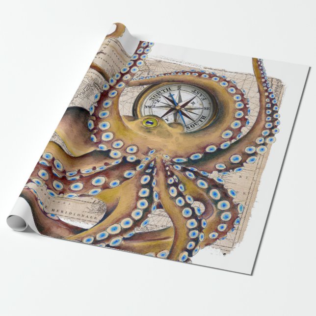 Brown Octopus Vintage Map Compass Wrapping Paper (Unrolled)