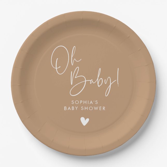 Brown Oh Baby Modern Boho Baby Shower Paper Plates (Front)