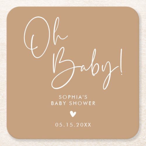 Brown Oh Baby Modern Boho Baby Shower  Square Paper Coaster