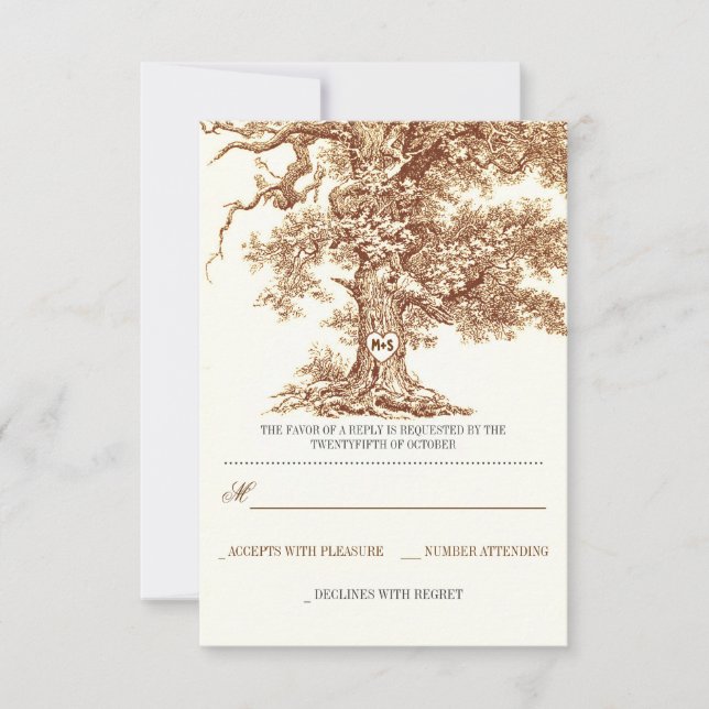 brown old tree rustic wedding RSVP cards (Front)