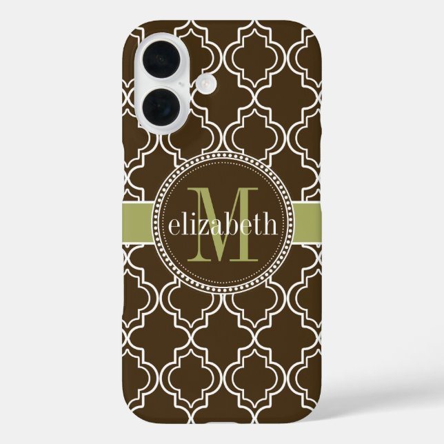 Brown Olive White Moroccan Quatrefoil Monogram Case-Mate iPhone Case (Back)