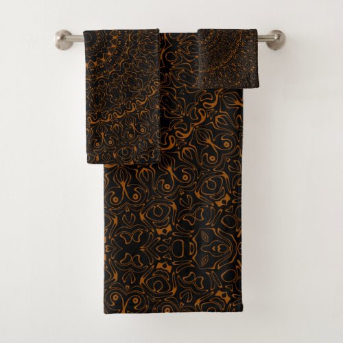 Brown on Black Mandala Kaleidoscope Medallion Bath Towel Set