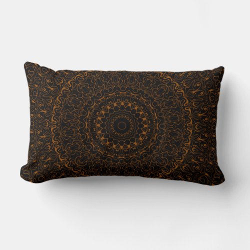 Brown on Black Mandala Kaleidoscope Medallion Lumbar Pillow