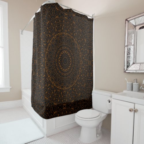 Brown on Black Mandala Kaleidoscope Medallion Shower Curtain