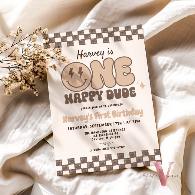 Brown ONE HAPPY DUDE Smile Retro Groovy Birthday  Invitation (Creator Uploaded)