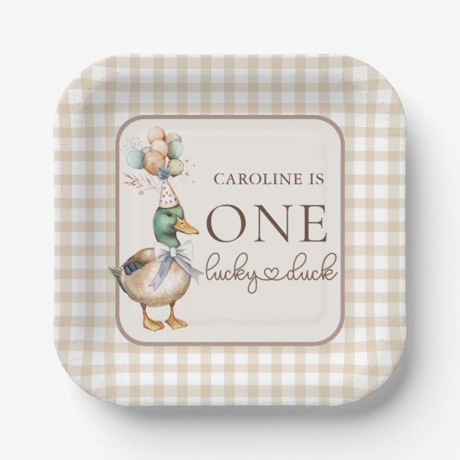 Brown One Lucky Duck Balloon 1st Birthday Paper Plates (Front)