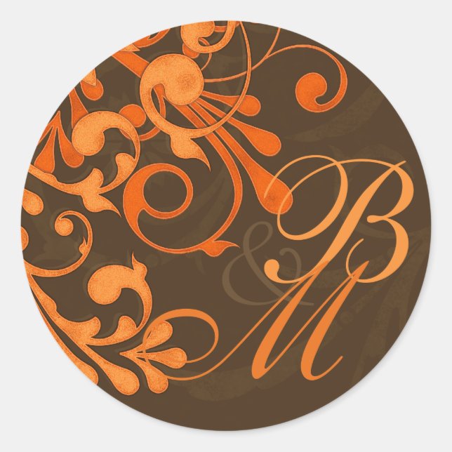 Brown Orange Abstract Floral Fall Wedding Stickers (Front)