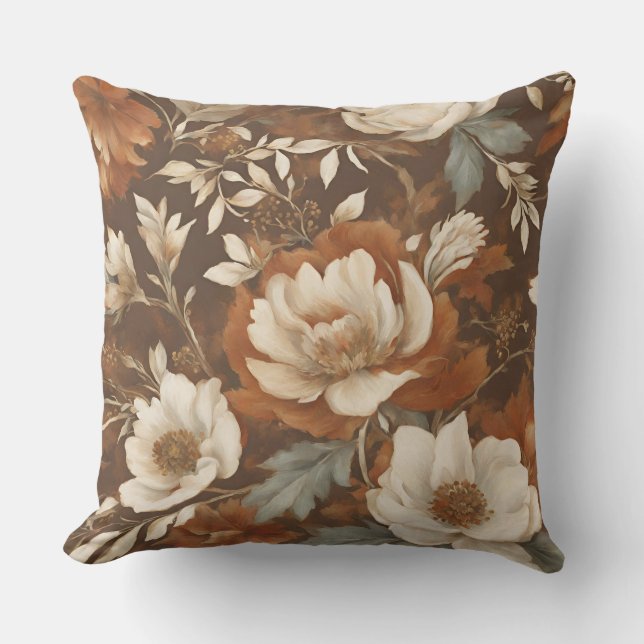 Brown Orange Blue Cream Floral Throw Pillow (Front)