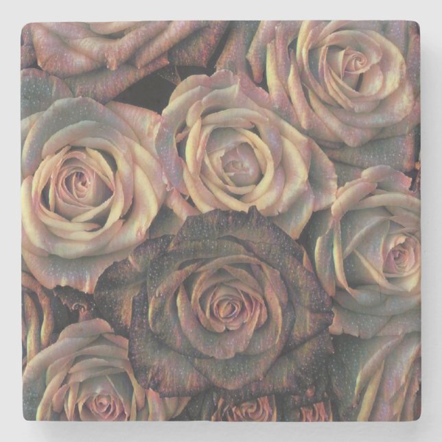 Brown, orange, copper, and gold roses stone coaster (Front)