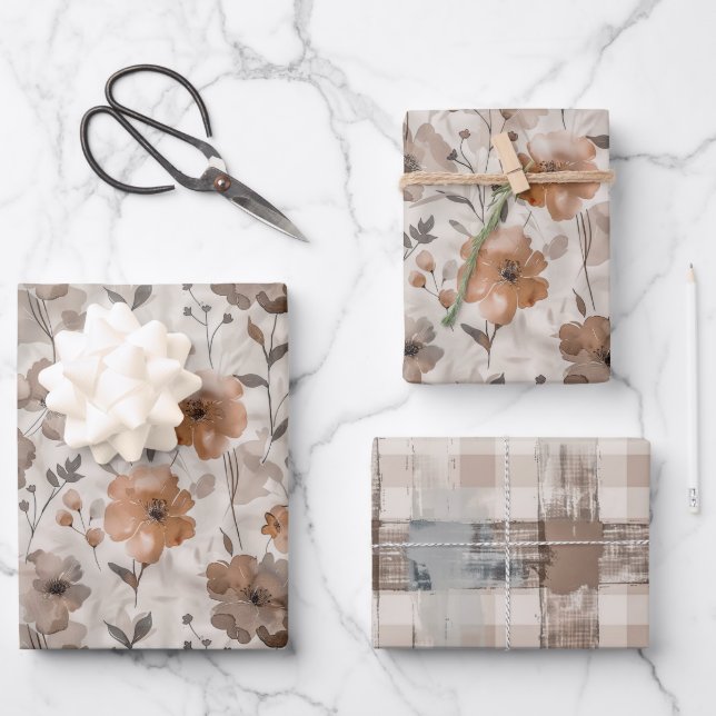 Brown Orange Cream Flowers Stripes Birthday Wrapping Paper Sheets (Front)