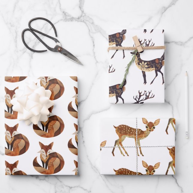 Brown Orange Cream Fox and Deer Wrapping Paper Sheets (Front)