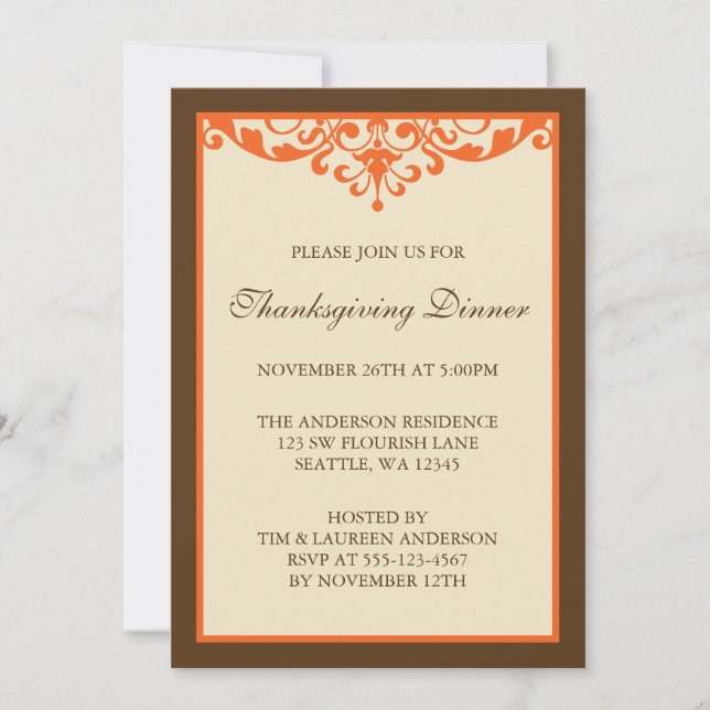 Brown & Orange Flourish Scroll Thanksgiving Dinner Invitation (Front)