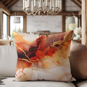 Brown Orange Gold Alcohol Ink Marbled Throw Pillow