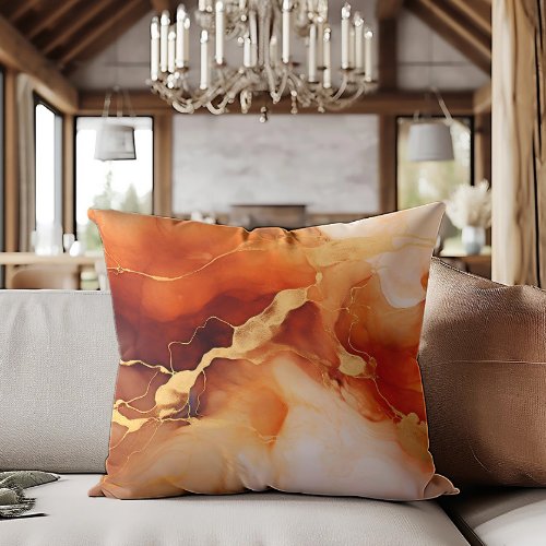 Brown Orange Gold Marbled Alcohol Ink Throw Pillow