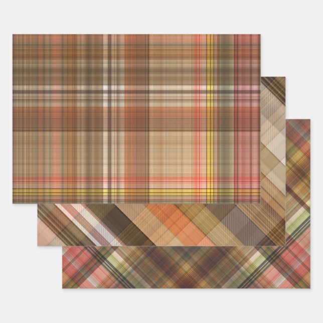 BROWN ORANGE GOLD TAN AUTUMN PLAID PATTERN WRAPPING PAPER SHEETS (Set)