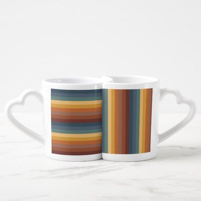 BROWN ORANGE GREEN BLUE TEAL FALL STRIPES COFFEE MUG SET (Front Nesting)