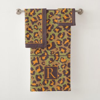 Brown, orange, green leopard print and monogram bath towel set