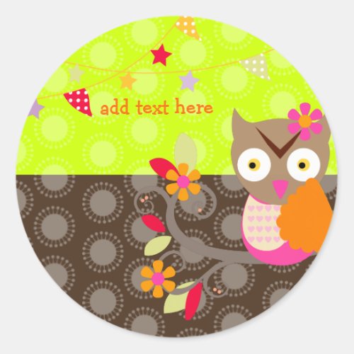 BrownOrangeHot Pink Owl stickersadd monogram Classic Round Sticker