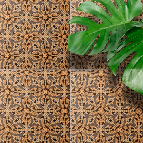 Brown Orange Intricate Mosaic Geometric Pattern  Ceramic Tile