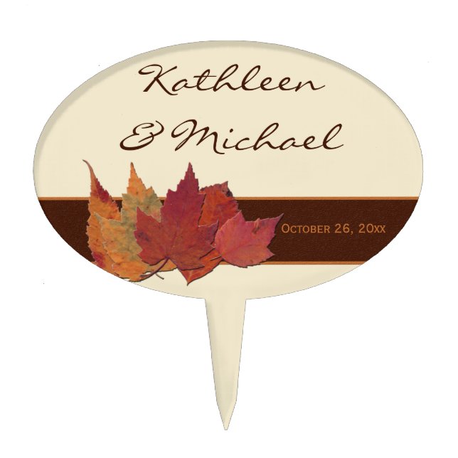 Brown Orange Ivory Dried Leaves Wedding Cake Pick (Front)