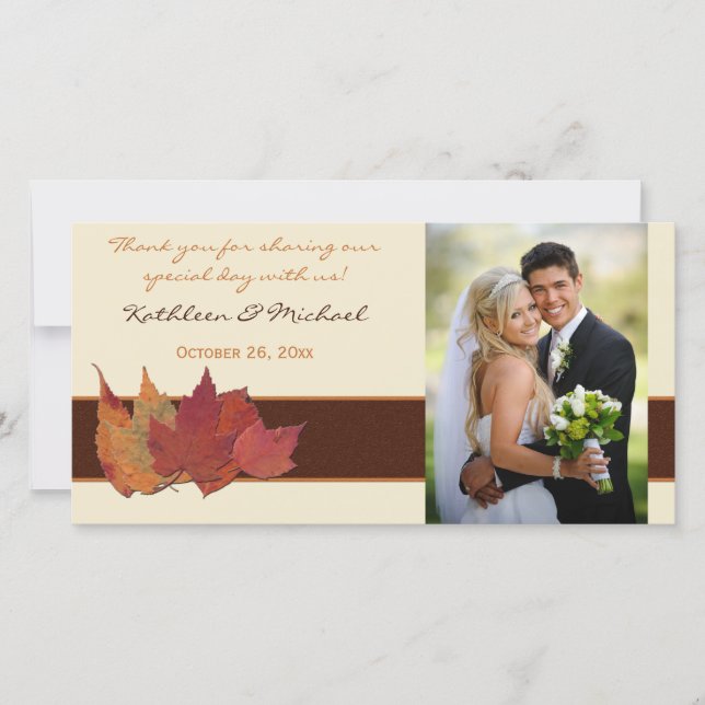 Brown Orange Ivory Dried Leaves Wedding Photo Card (Front)