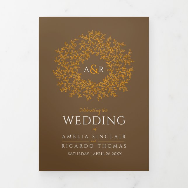 Brown orange monogram art story dedication wedding Tri-Fold program (Cover)