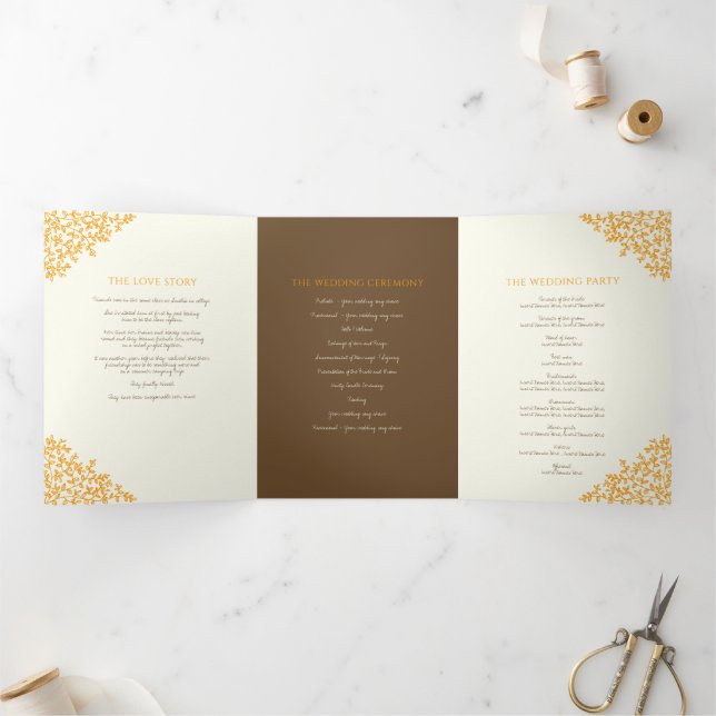 Brown orange monogram art story dedication wedding Tri-Fold program (Inside)