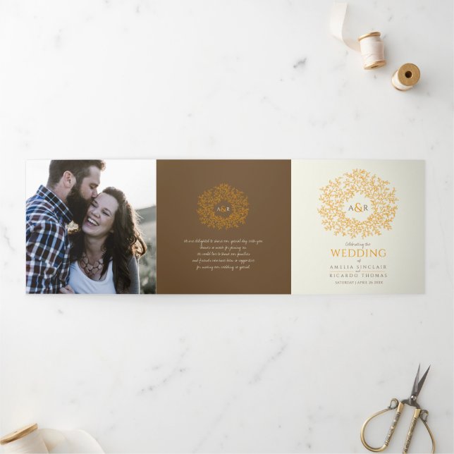 Brown orange monogram dedication photo wedding Tri-Fold program (Outside)