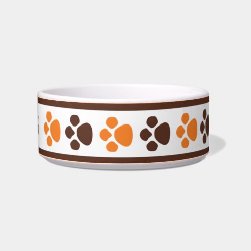 Brown  Orange Paw Prints Personalized Cat Bowl