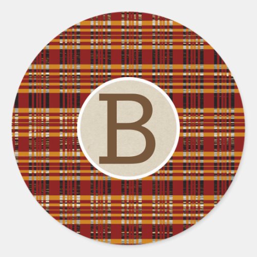 Brown  Orange Plaid Kraft Rustic Monogram Initial Classic Round Sticker