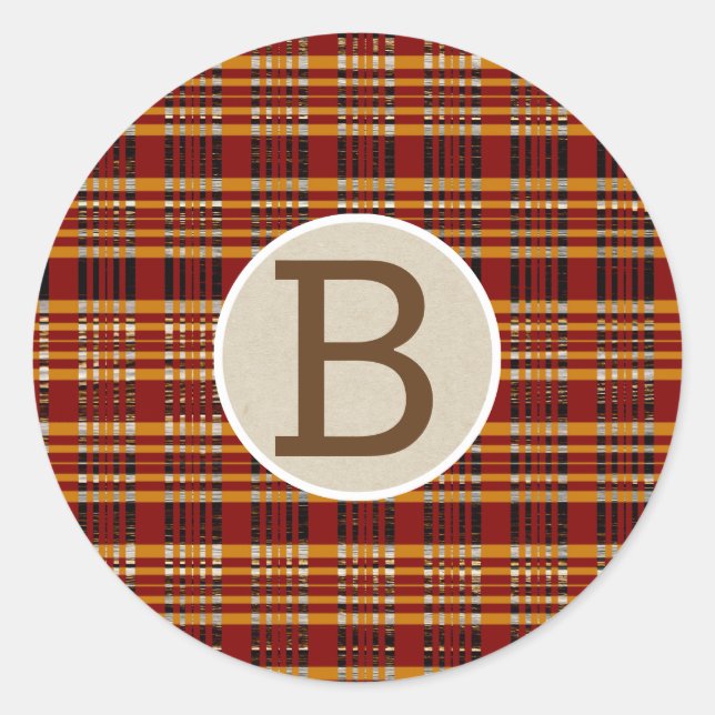 Brown & Orange Plaid Kraft Rustic Monogram Initial Classic Round Sticker (Front)