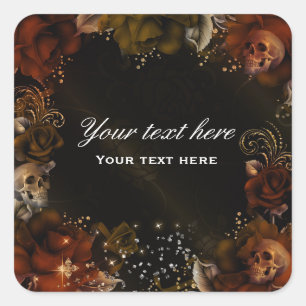 Brown Orange Roses + Skulls Gothic Sticker Label