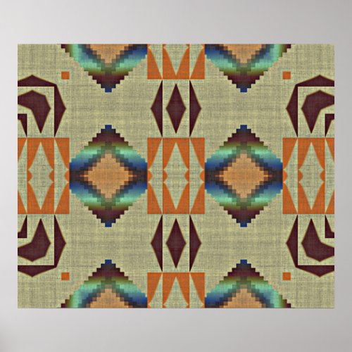 Brown Orange Teal Native Tribal Mosaic Pattern Poster