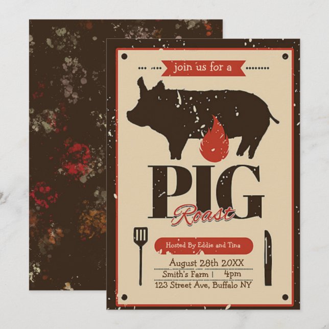 Brown Orange Vintage Pig Roast Invitation (Front/Back)