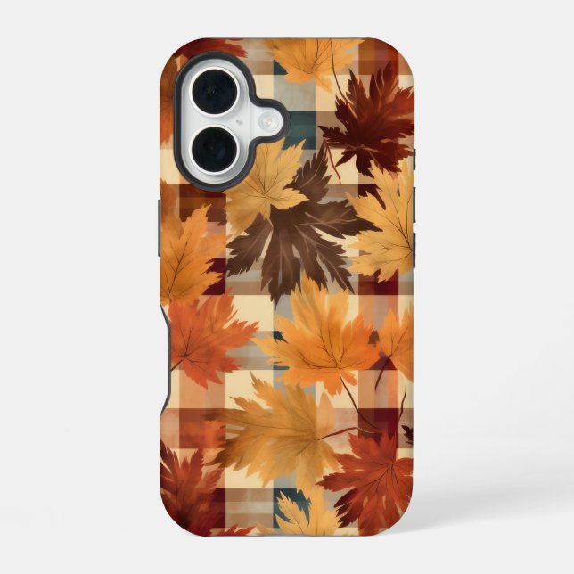 BROWN ORANGE YELLOW FALL PLAID PATTERN & LEAVES IPHONE CASE (Back)