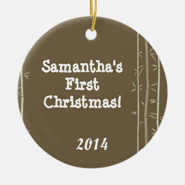 Brown Oriental Bamboo Personalized Name Ornament (Front)