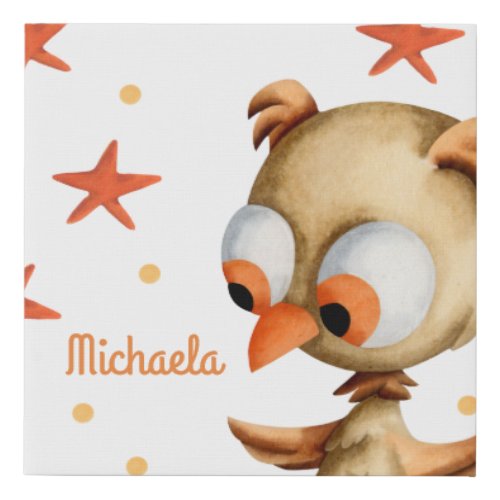 Brown owl and orange stars nursery personalized faux canvas print