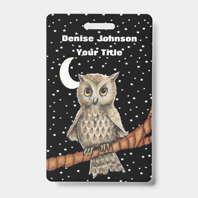 Brown Owl Golden Eyes Blue Necklace Stars Moon Badge (Front)