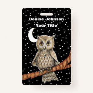 Brown Owl Golden Eyes Blue Necklace Stars Moon Badge